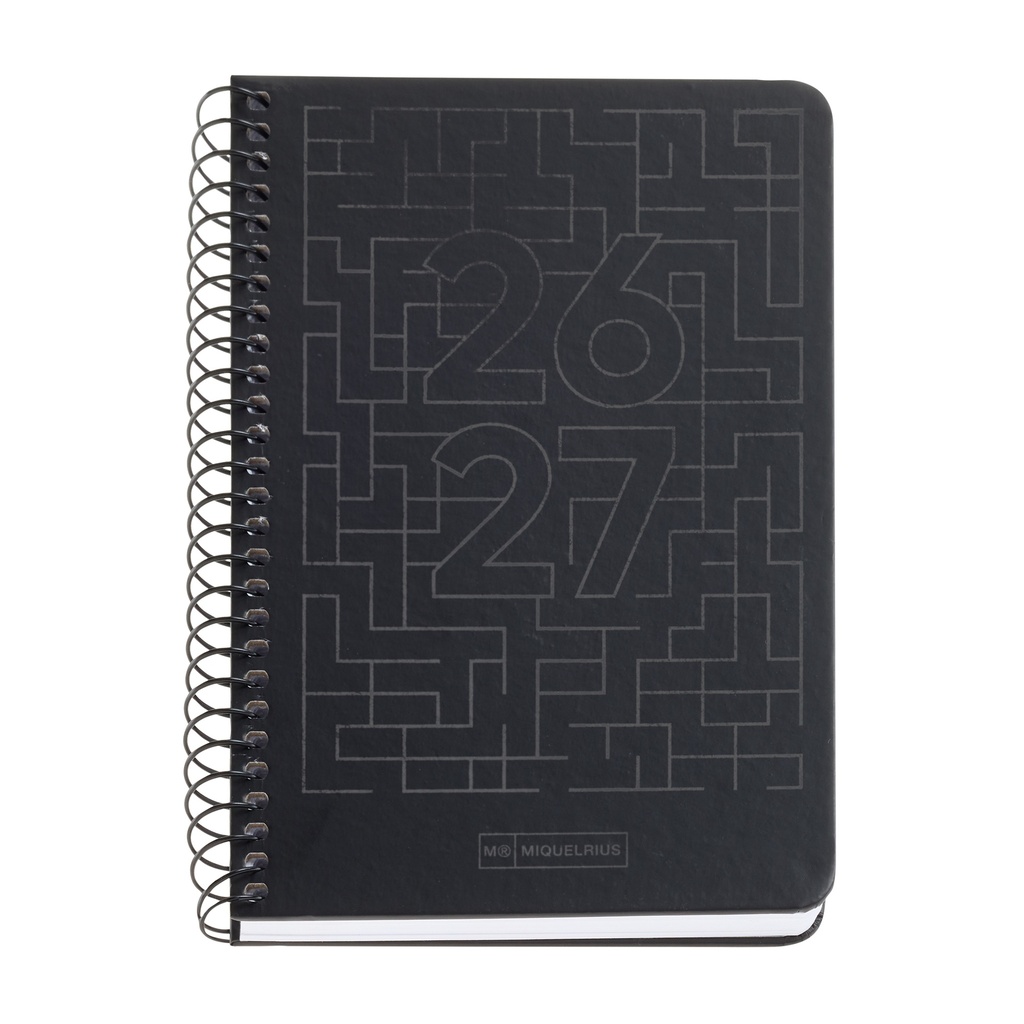Agenda escolar 2026 2027 semana vista 10 meses, Tamaño A6+ (11,7×17,4 cm), Cartón plastificado, Espiral metálico a color, Cantos redondeados, Stickers, Español-EN, Negro Miquelrius