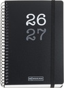 Agenda escolar 2026 2027 día página 12 meses, Tamaño A6+ (11,7×17,4 cm), Tapas de polipropileno, Espiral metálico a color, Cierre de goma, Cantos redondeados, Stickers, Español-EN, Negro Miquelrius
