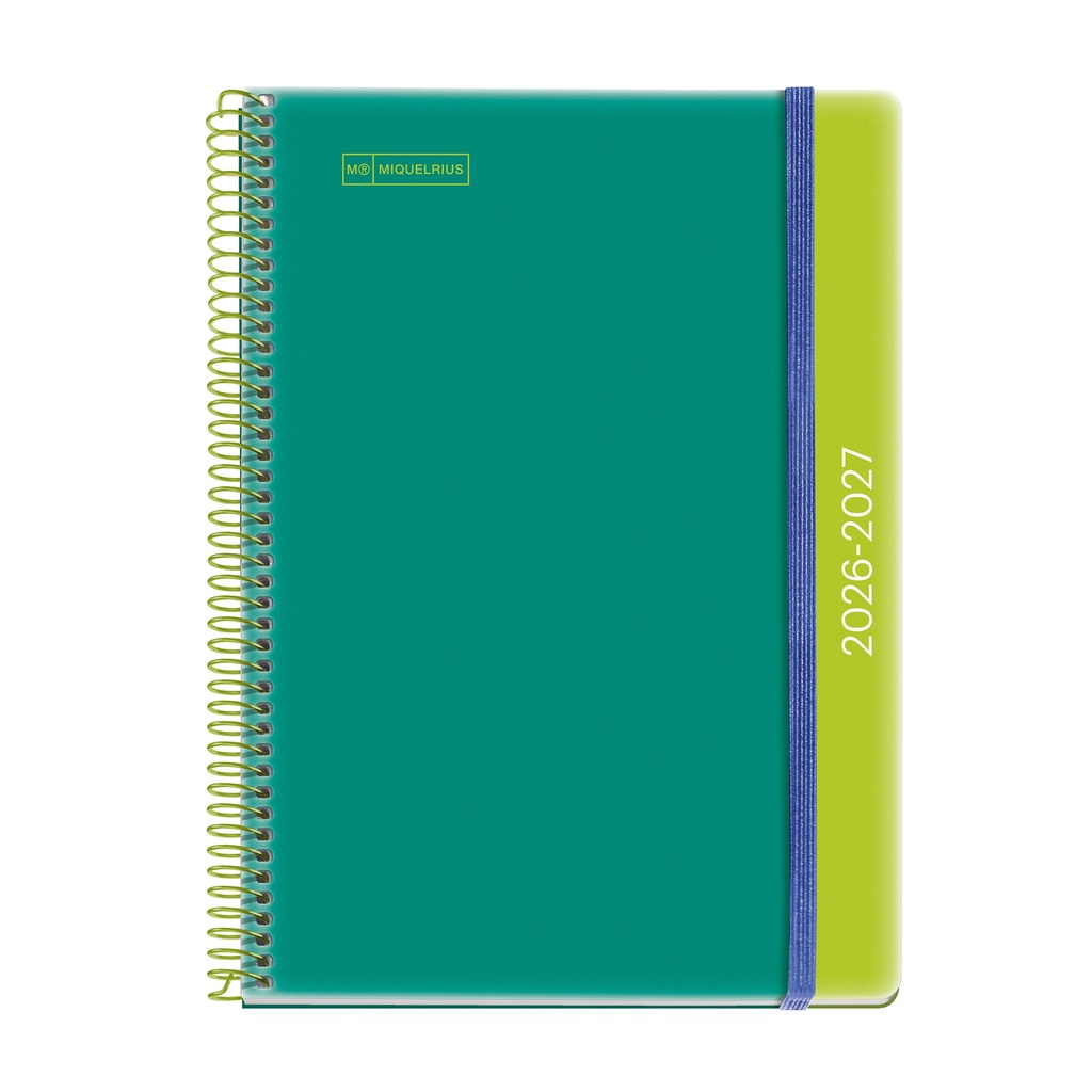 Agenda escolar 2026 2027 día página 12 meses, Tamaño A5+ (15×21,3 cm), Polipropileno, Espiral metálico a color, Cierre de goma, Cantos redondeados, Stickers, Catalán-EN, Green-Lime  Miquelrius