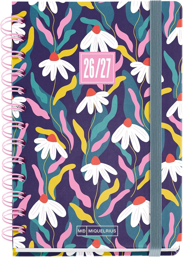 Agenda escolar 2026 2027 día página 12 meses, A6+ (12,5×17,8 cm), Cartón forrado, Doble espiral, Cierre de goma, bolsillo interior, stickers y regla marcapáginas, Español-EN, Equinácea  Miquelrius