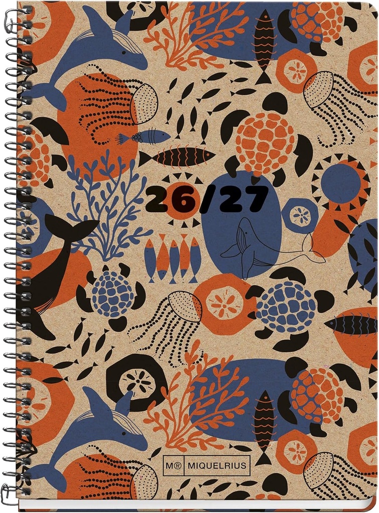 Agenda escolar 2026 2027 día página 10 meses, A6+ (11,7×17,4 cm), Cartón y papel 100% reciclados, Espiral metálico, Cantos redondeados, Stickers, Español-EN, Reciclada Eco Ocean Miquelrius