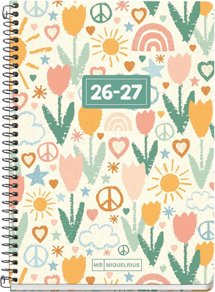 Agenda escolar 2026 2027 semana vista 10 meses, A6+ (11,7×17,4 cm), Cartón y papel 100% reciclados, Espiral metálico, Cantos redondeados, Stickers, Español-EN, Reciclada Eco Peace Miquelrius