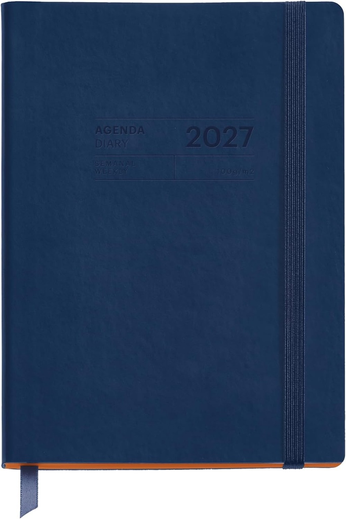Agenda 18 meses 2026 2027 semana vista, Fácil de llevar 14 x 19 cm, Bolsillo interior, marcapáginas y stickers, Cubierta cosida símil piel, Cierre con goma, Español-EN-PT, Azul  26_27 Miquelrius