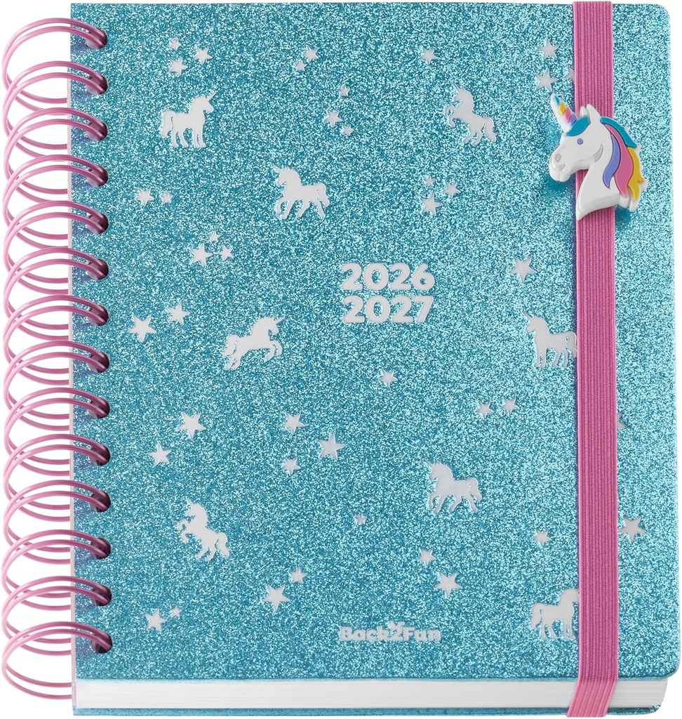 Agenda 2026 2027 día página, Doble espiral metálico, Tamaño 15,5 x 18 cm, 2 páginas de pegatinas y marcapáginas, Cartón forrado, Abalorio para pulsera, Agenda escolar primaria, Unicornio  26_27 Miquelrius