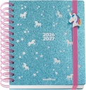 Agenda 2026 2027 día página, Doble espiral metálico, Tamaño 15,5 x 18 cm, 2 páginas de pegatinas y marcapáginas, Cartón forrado, Abalorio para pulsera, Agenda escolar primaria, Unicornio  26_27 Miquelrius