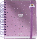 Agenda 2026 2027 día página, Doble espiral metálico, Tamaño 15,5 x 18 cm, 2 páginas de pegatinas y marcapáginas, Cartón forrado, Abalorio para pulsera, Agenda escolar primaria, Arcoíris Miquelrius