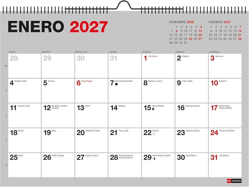 Calendario 18 meses 2026 2027 Basic, Calendario de pared A4 (29,6 cm × 21 cm), Con espacio para anotar, Espiral doble para colgar, Español Miquelrius