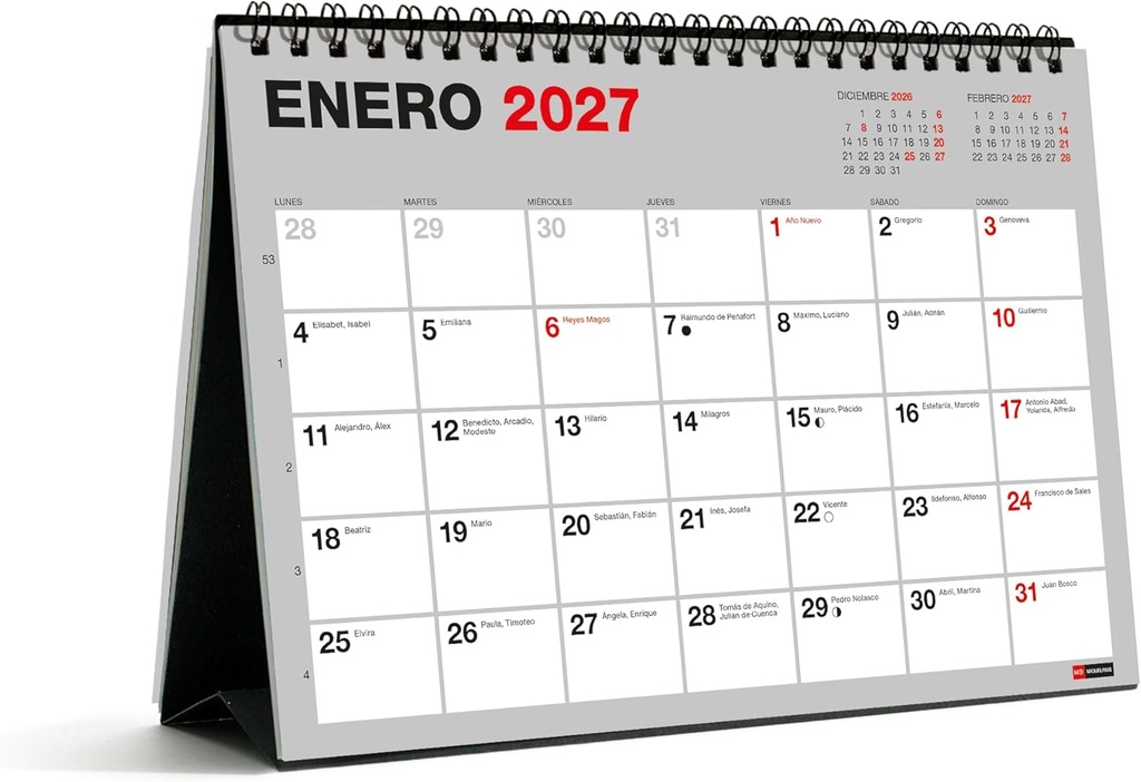 Calendario 18 meses 2026 2027 Basic, Calendario de sobremesa A5 (21 × 14,85 cm), Con espacio para anotar, Espiral doble, Base de cartón, Español Miquelrius
