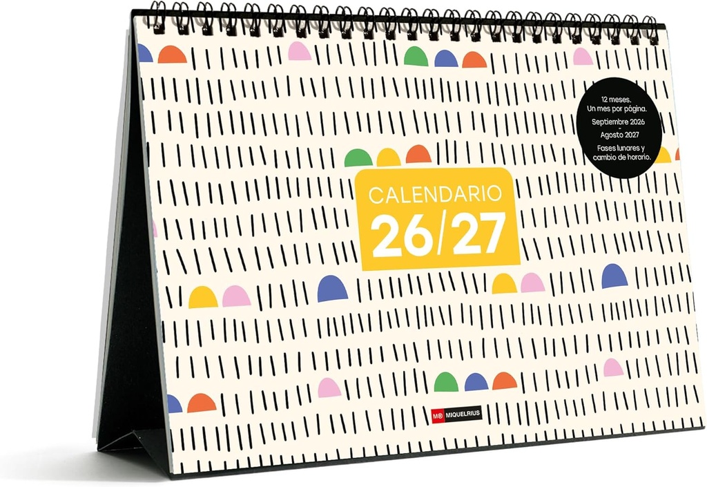 Calendario 2026 2027 10 meses, Calendario de sobremesa A5 (21 × 14,85 cm), Ilustración diferente cada mes, Espacio para anotar, Resumen mensual, Espiral doble, Stickers, Español Miquelrius