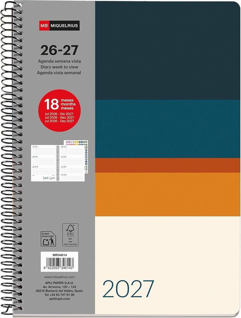 Agenda escolar 18 meses semana vista de julio 2026 a diciembre 2027, Tamaño A5+ (15,5×21,3 cm), Dos páginas stickers, Espiral metálico, Cubierta rígida cartón, Español-EN-PT, Sunset  Miquelrius