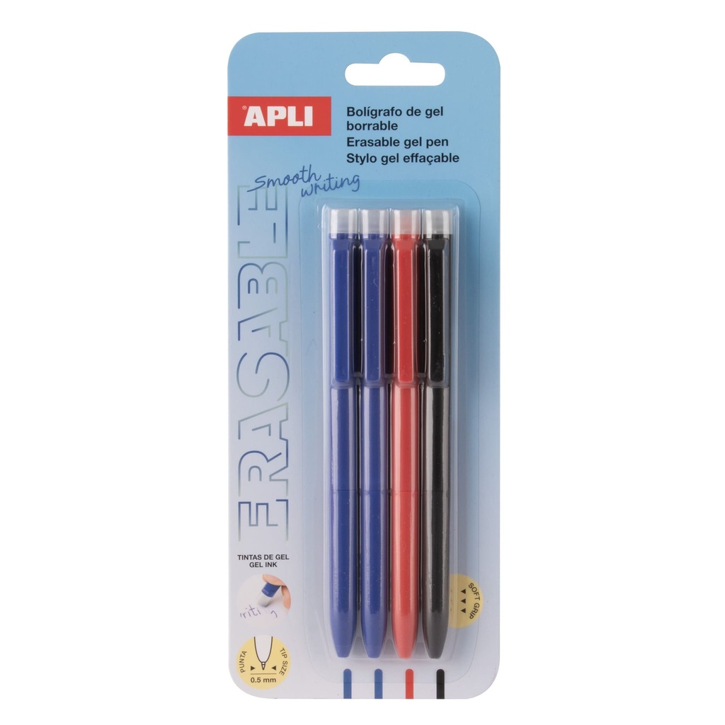 Bolígrafos gel borrable 4uds,  2 azules 1 negro 1 rojo Apli