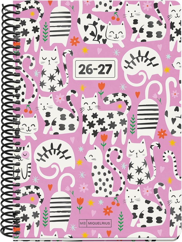 Agenda escolar 2026 2027 semana vista 10 meses, Tamaño A5+ (15×21,3 cm), Cantos redondeados, Cartón forrado y espiral de plástico negro, Detalles en stamping UVI, Español-EN, Cats Miquelrius