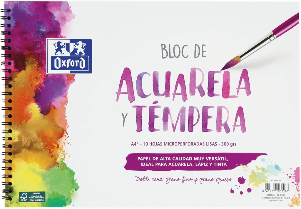 Bloc acuarela y tempera A4+ 300g 10h tapa blanda/contratapa rígida Oxford
