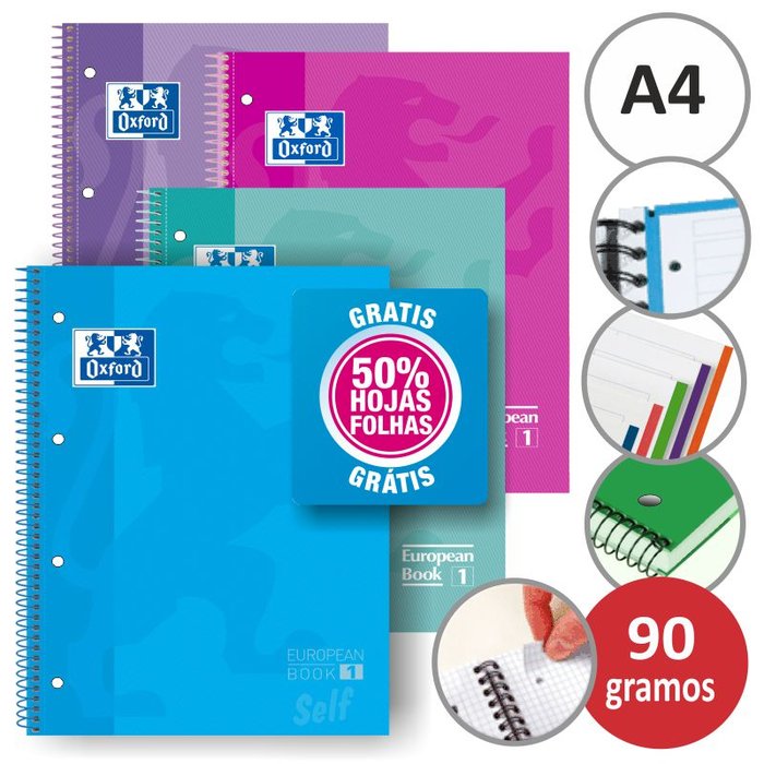 Cuaderno espiral 5x5 A4 90g 120h 5B T/E 4T microperforado colores tendencias Oxford