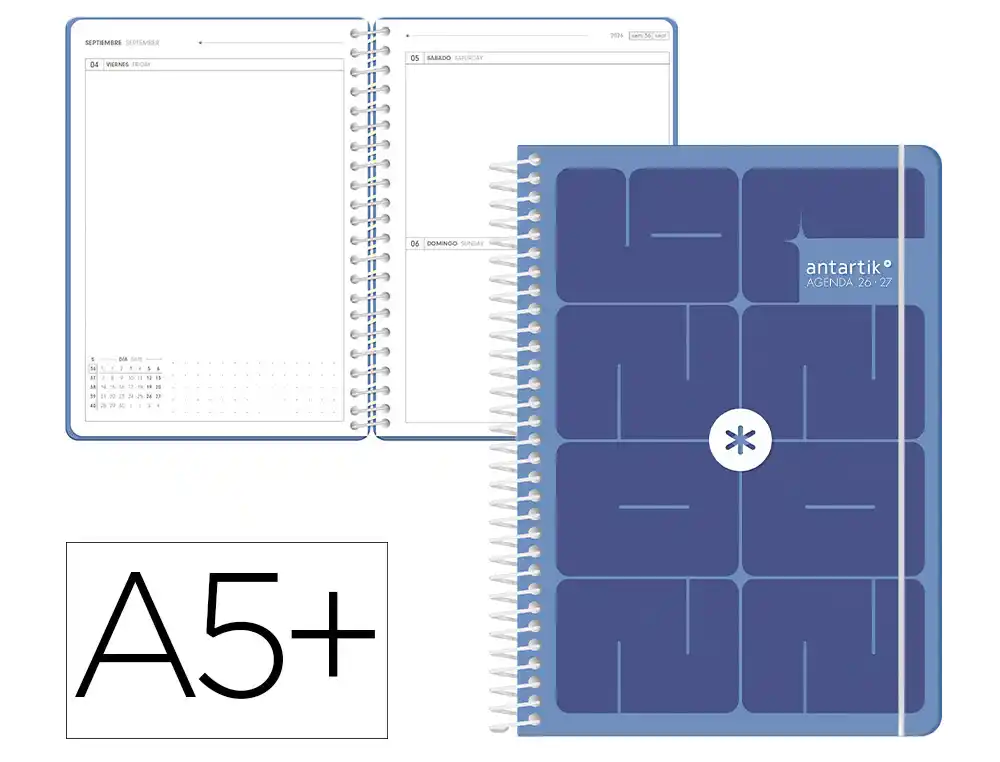 AGENDA ESCOLAR ANTARTIK 26-27 ESPIRAL ESSENTIALS DIA PAGINA A5+ BILINGUE 80G PAPEL FSC AZUL OSCURO