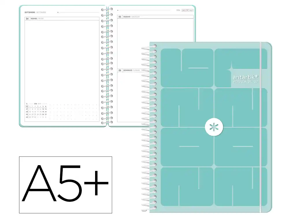 AGENDA ESCOLAR ANTARTIK 26-27 ESPIRAL ESSENTIALS DIA PAGINA A5+ BILINGUE 80G PAPEL FSC AZUL TURQUESA