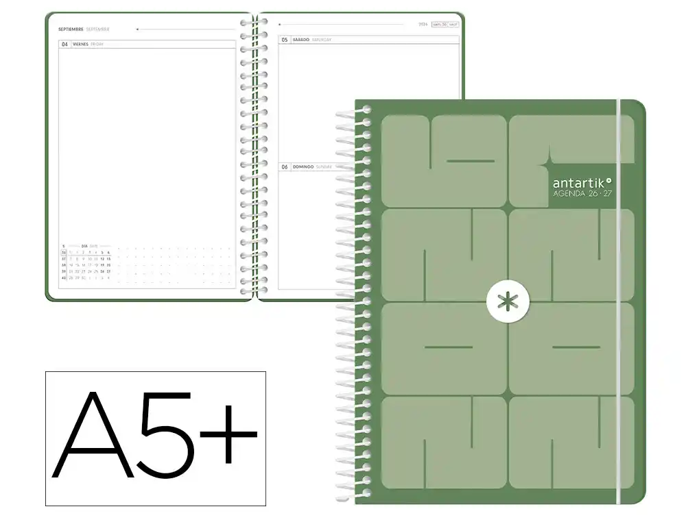 Agenda escolar 26-27 espiral essentials día página A5+ bilingue 80g FSC verde Antartik