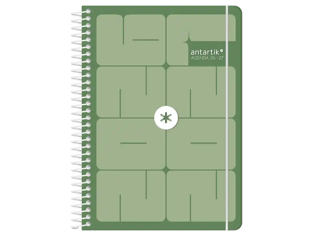 Agenda escolar 26-27 espiral essentials día página A5+ bilingue 80g FSC verde Antartik
