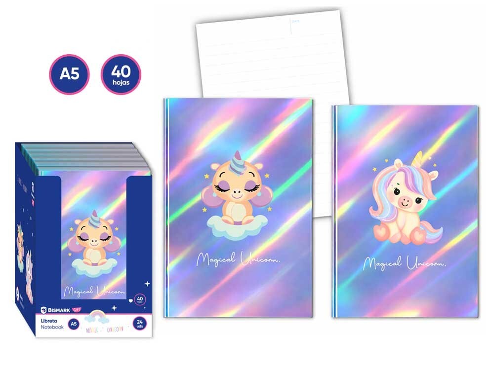 Libreta grapada A5 1L 40hj 80gr Unicornio holográfico Bismark