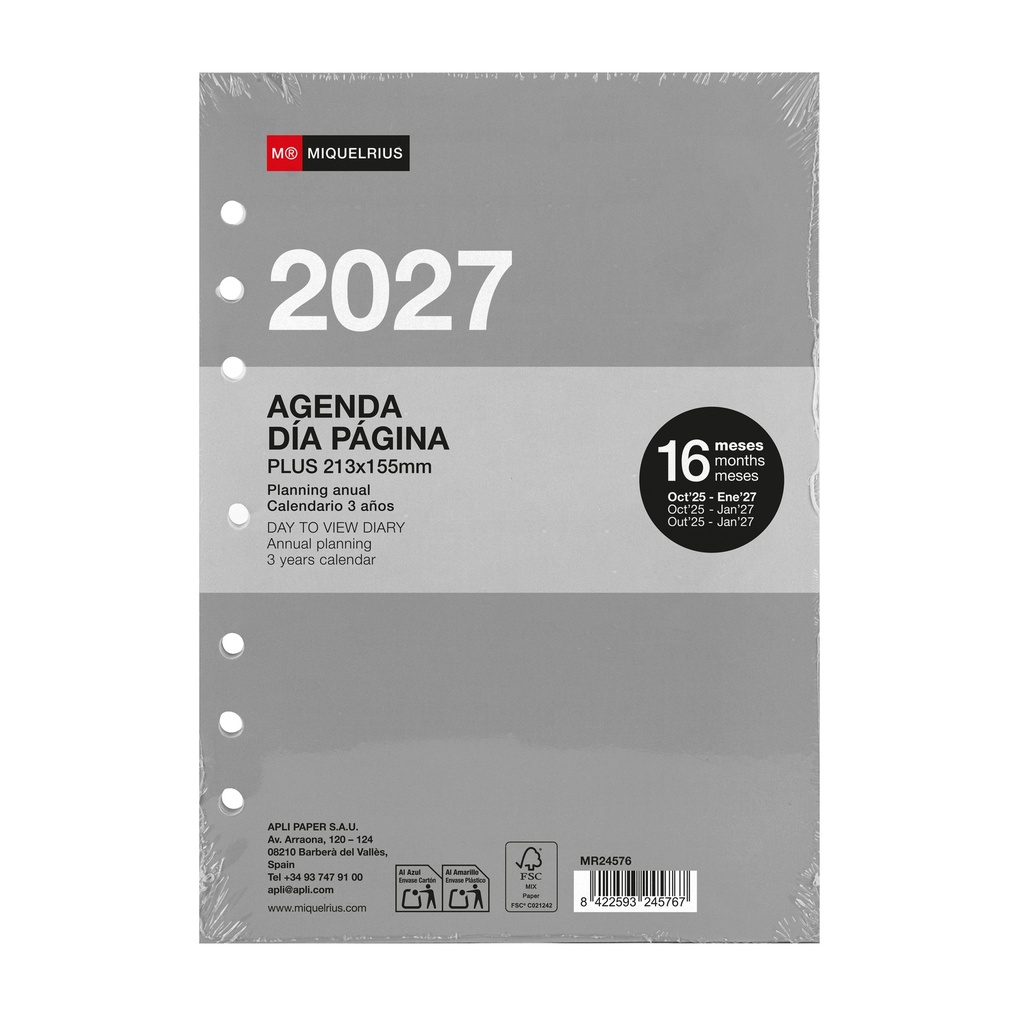 Recambio Agenda 2027, Día por Página A5+, Español Miquelrius