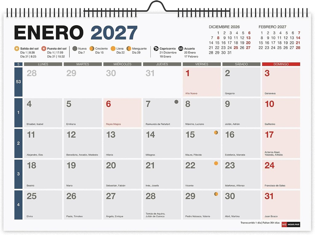 Calendario 2027 de Pared A4, Español, Completo Miquelrius