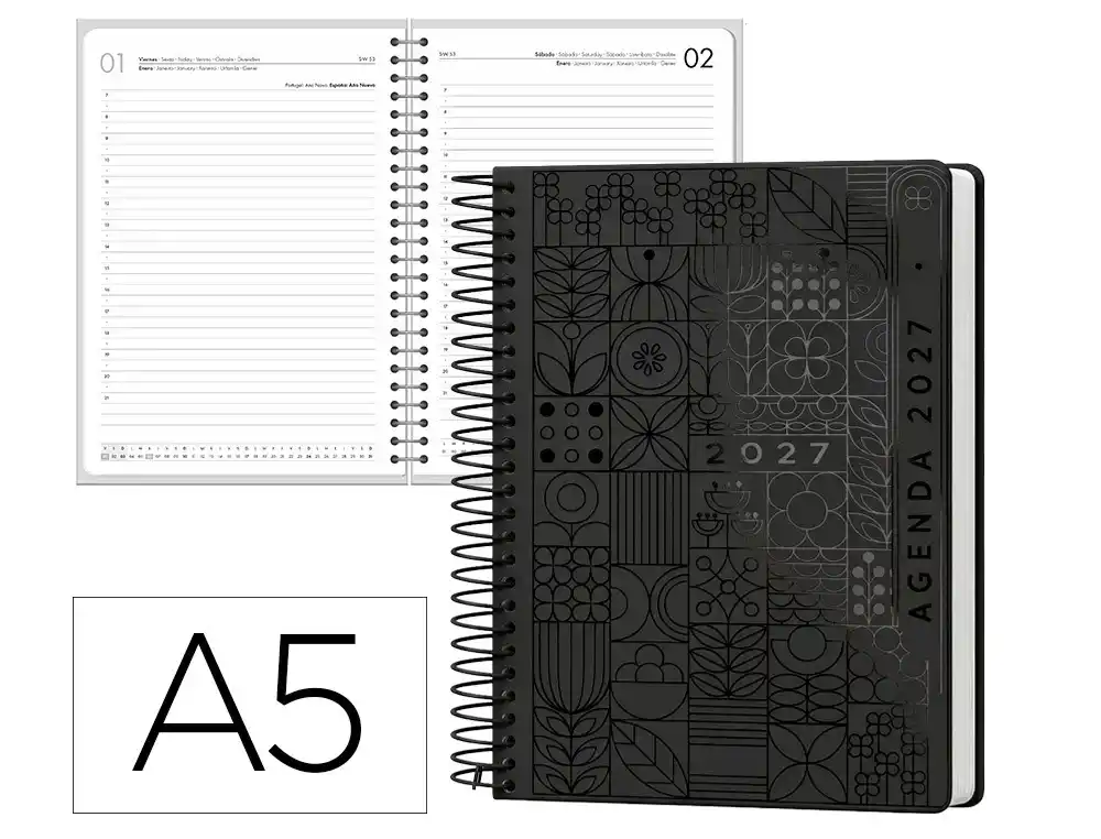 Agenda 2027 espiral Syros día página A5 bilingue 60g FSC Liderpapel