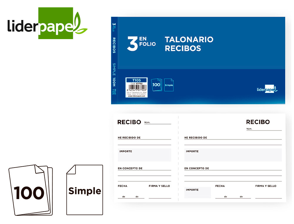 Talonario recibos tres 205x102mm apaisado T105 Liderpapel