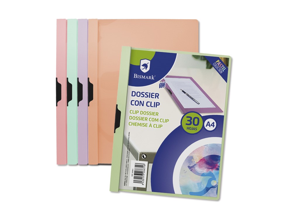 Carpeta dossier A4 30h con clip plastico colores pastel Bismark