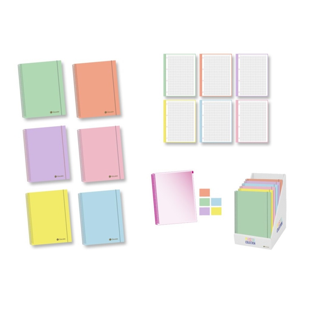 Cuaderno Espiral 5X5 A5 90g 120h 6B c/sobre de PP transparente cierre Zip Pastel Golden