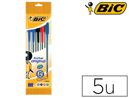 Boligrafo cristal medio 5uds (2A+1N+1R+1V) Bic