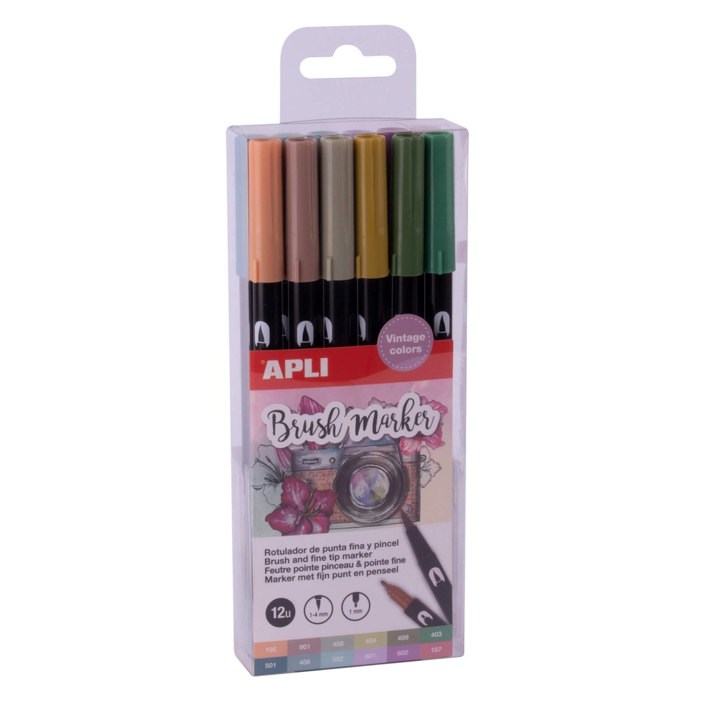 Rotuladores brush vintage doble punta fina 12u Apli