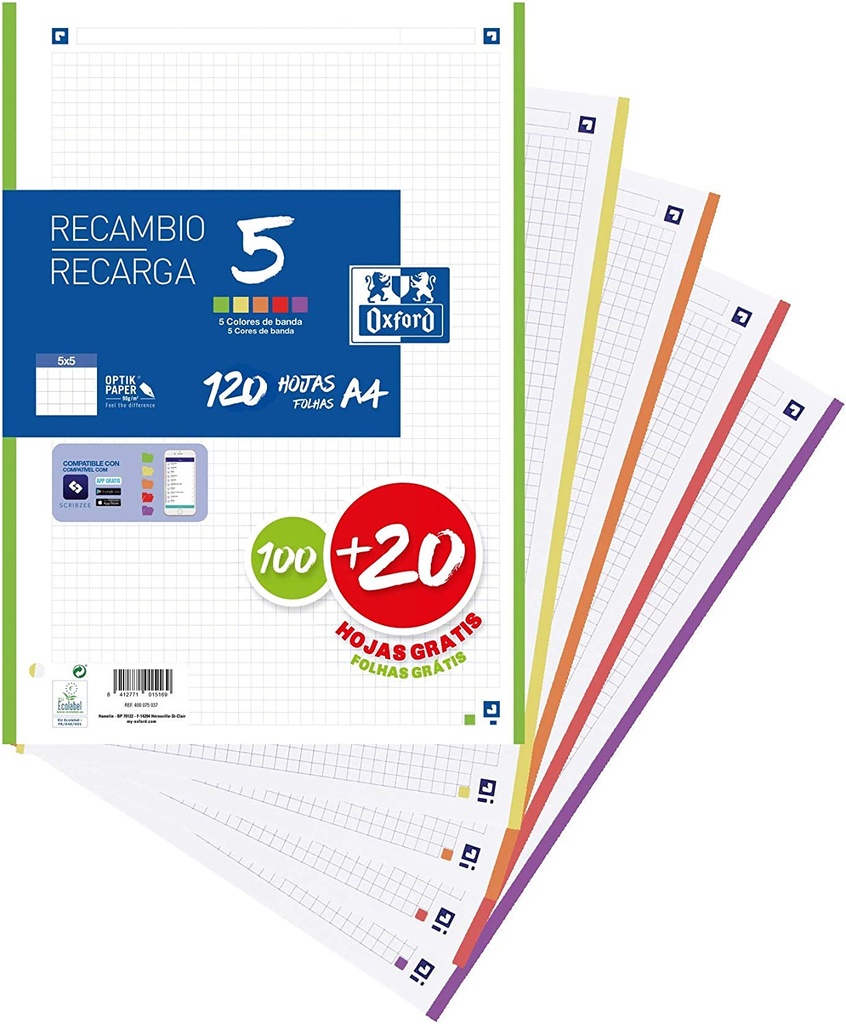 Recambio 5X5 A4 90g 100+20h 5B 4T colores vivos Oxford