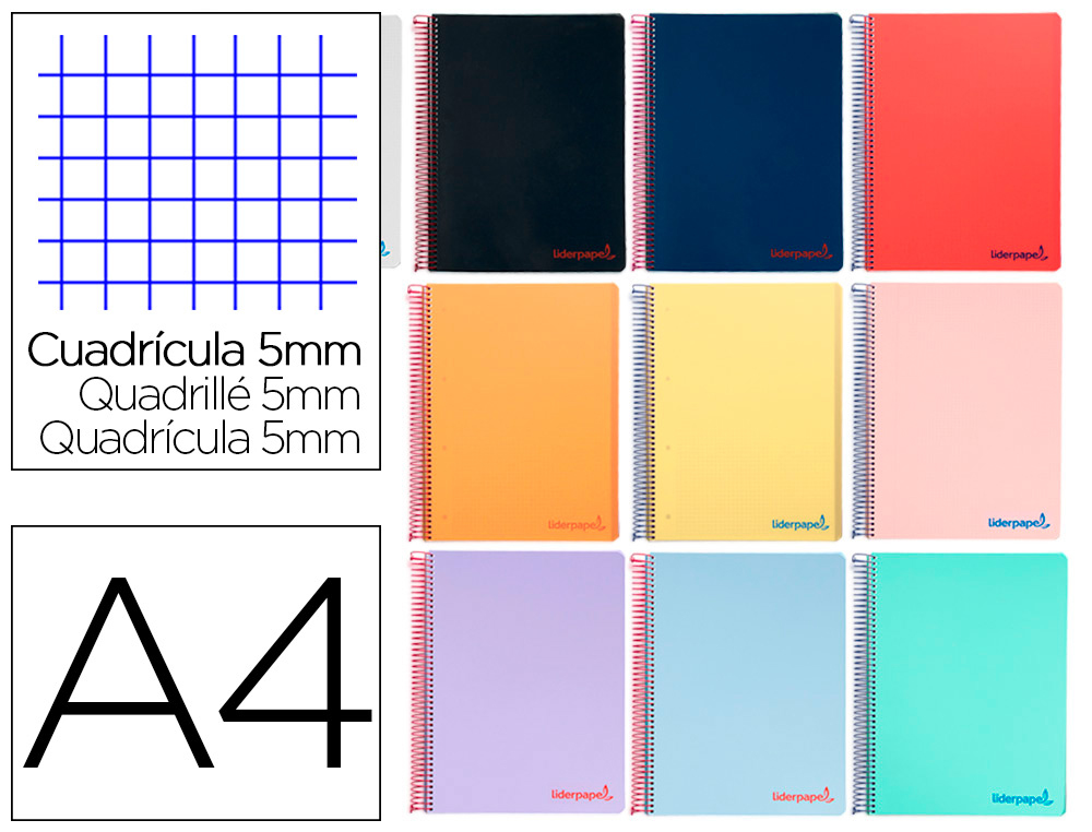Cuaderno espiral 5X5 A4 90g 80h C/M T/P colores surtidos Liderpapel
