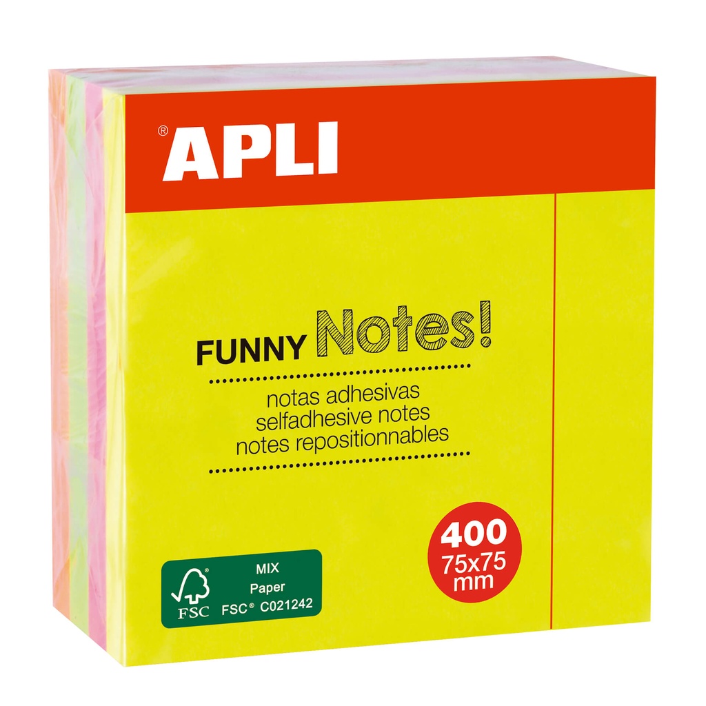 [10974] Notas adhesivas FUNNY 75 x 75 mm cubo de 400 hojas 4 colores surtidos fluorescente Apli