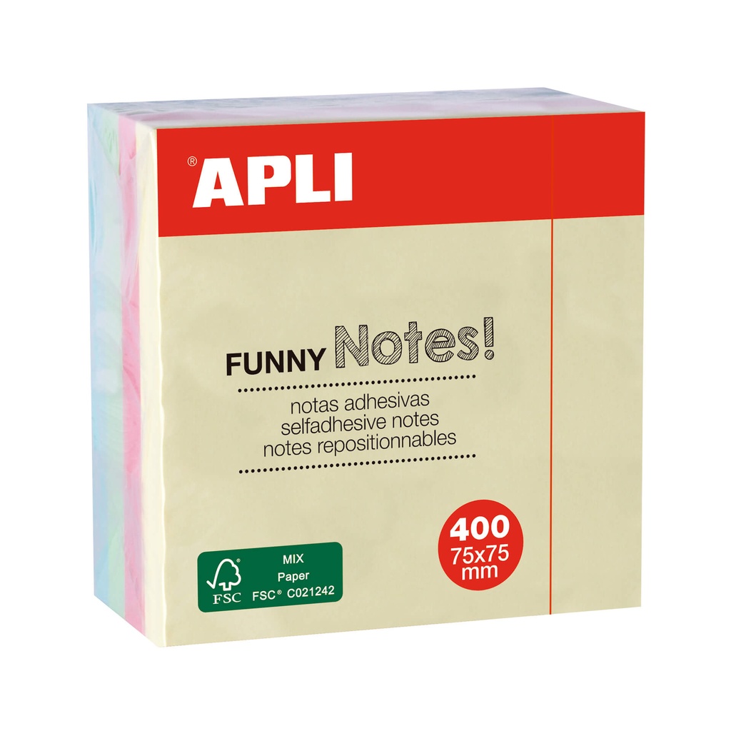 [10972] Notas adhesivas FUNNY 75x75mm cubo de 400h 4 colores surtidos pastel