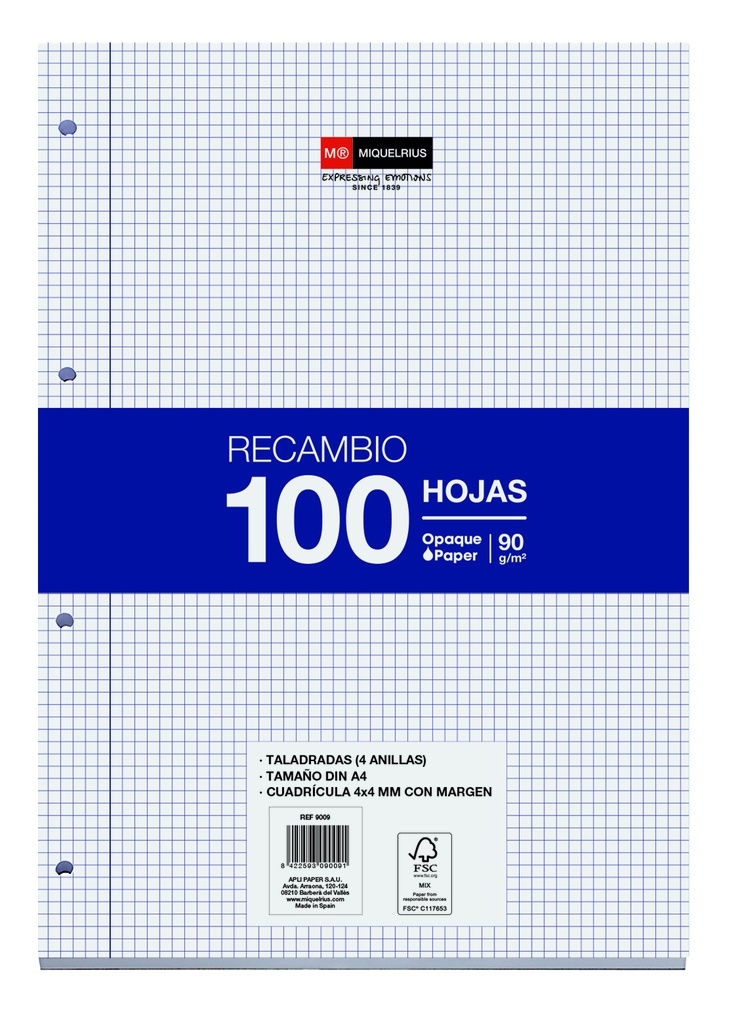 [MR9009] Recambio 4X4 A4 90g 100h con margen 4T Miquelrius