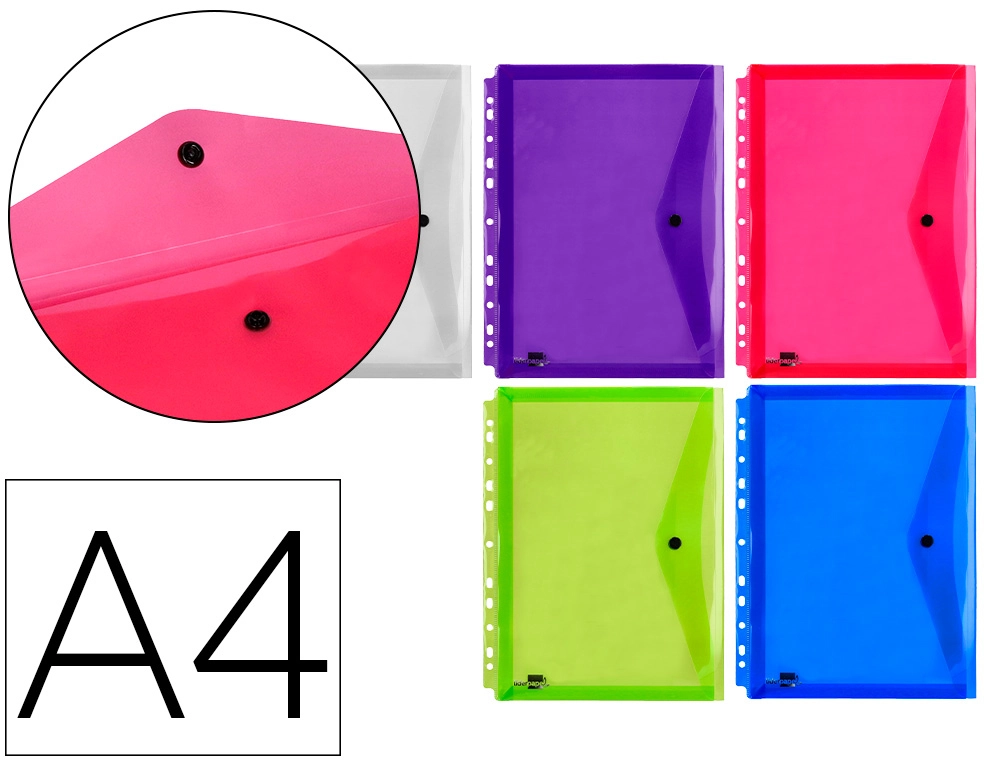 [DS50] Sobre broche  polipropileno A4 colores surtidos transparente multitaladro 1ud Liderpapel