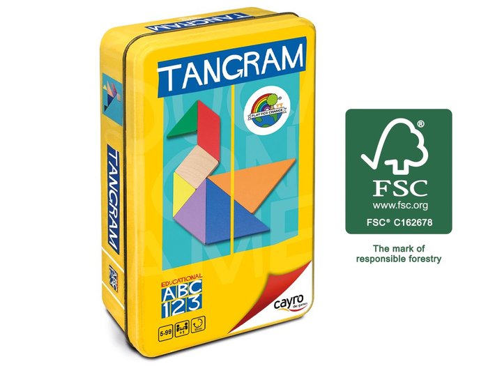 [124] Tangram de Madera FSC en caja de metal colores Cayro