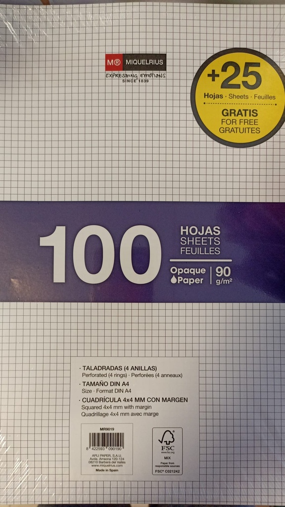 [MR9019] Recambio 4x4 A4 90g 100+25h 4T C/M Miquelrius