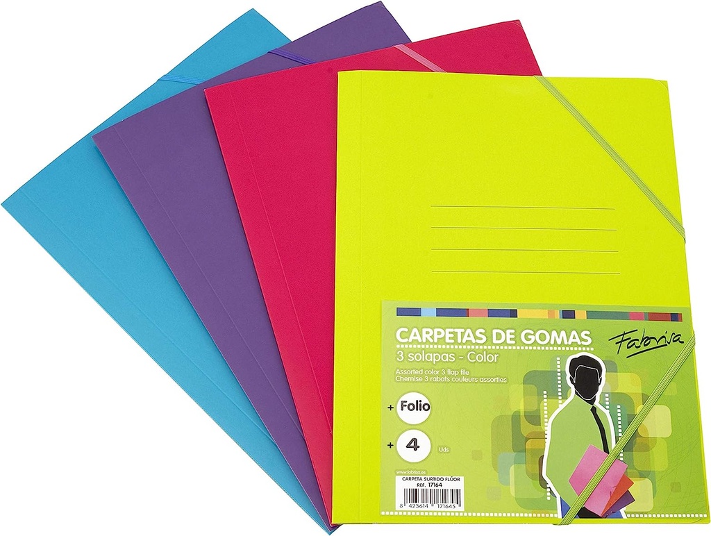 [17164] Carpeta gomas Fº 3 solapas carton colores surtidos fluor 4uds Fabrisa