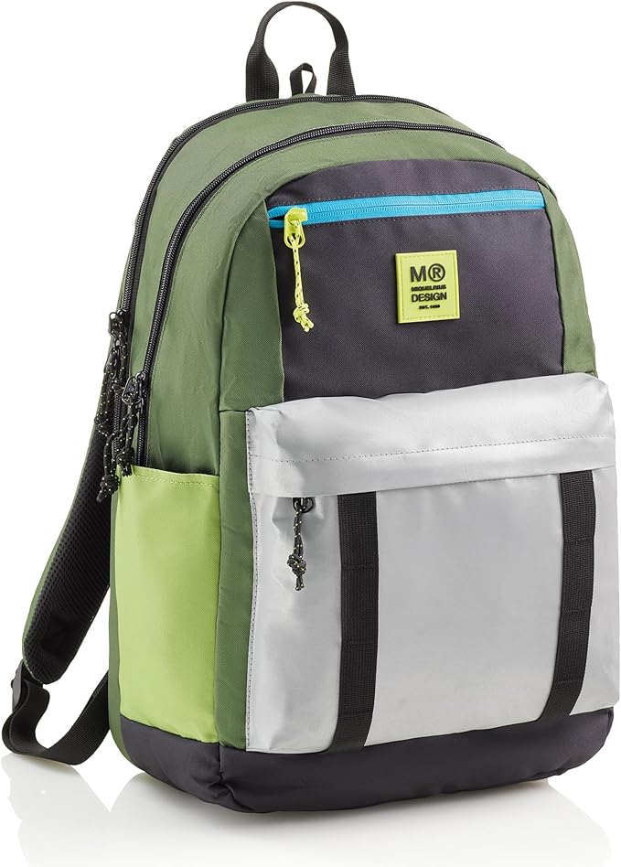 [MR19331] Mochila escolar, Triple compartimento, Doble cremallera, Fabricada con botellas recicladas, Capacidad 27 litros, Asas regulables, Espalda acolchada, Tiradores metálicos, Vuelta al cole Miquelrius