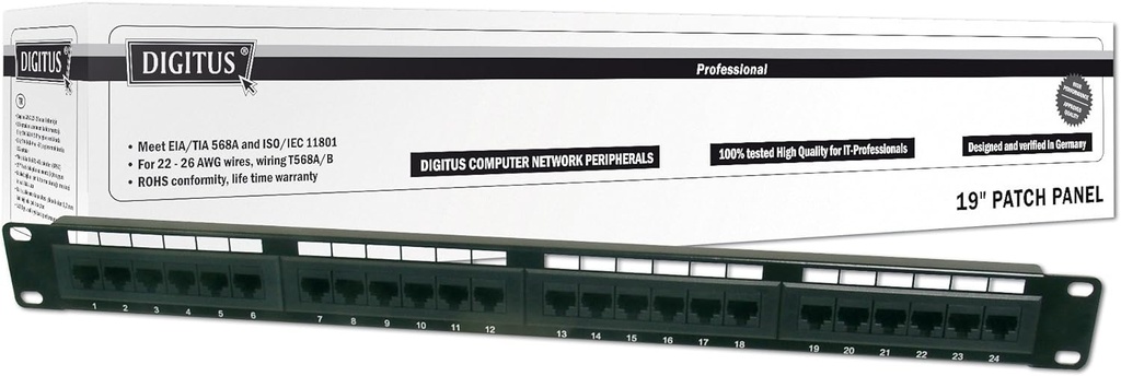 [DN-91524U] Panel de Parcheo Cat5e 24 puertos, UTP, 1U 19" Intellinet (copia)