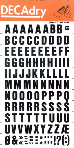 [DD12F] Letras transferibles mayúsculas negras 12mm 117 caracteres Apli
