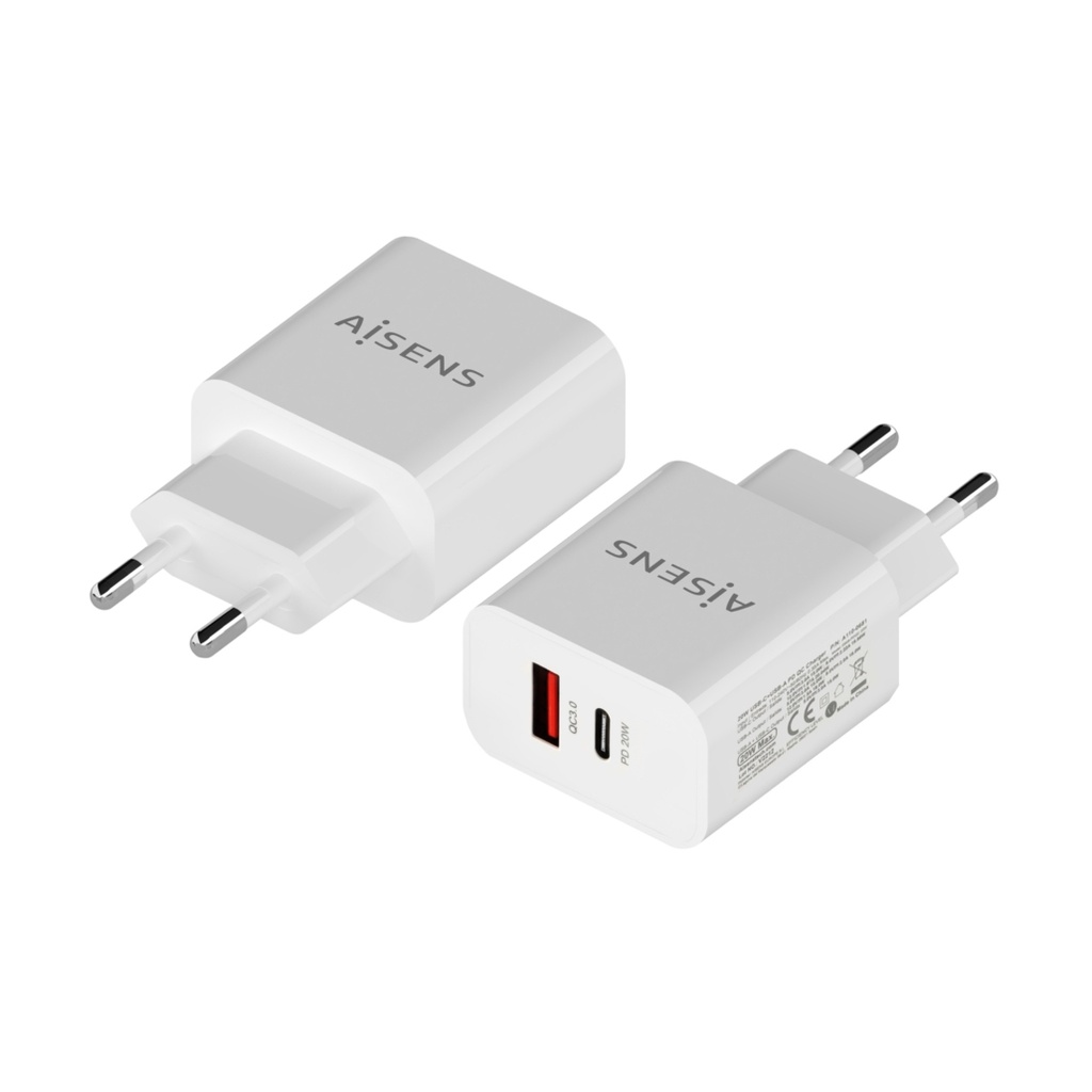 [A110-0681] Cargador rápido usb 2xusb tipo C y 3.1 20W blanco Aisens