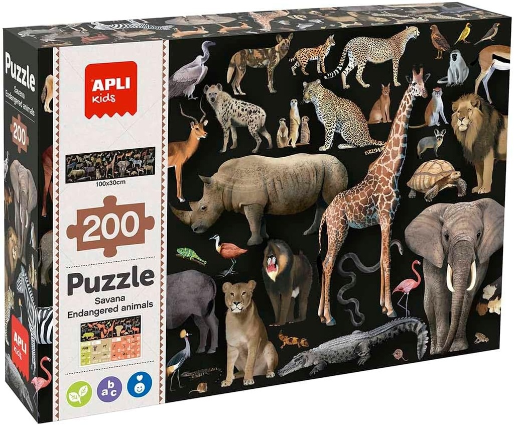 [19697] Puzzle 200 Piezas de los Animales de la Sabana en Riesgo de extincción, Multicolor +6a Apli