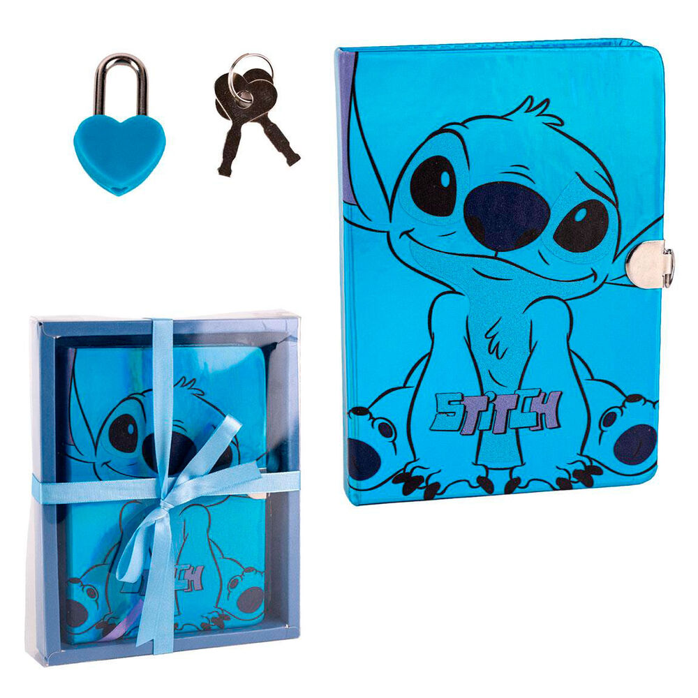 [8445484296921] Diario Secreto - Tapa Dura - Con Stitch en el Frontal - Color Azul - Incluye Candado para Cerrarlo con Mayor Seguridad - Viene en Caja de Regalo - Producto Original Diseñado en España