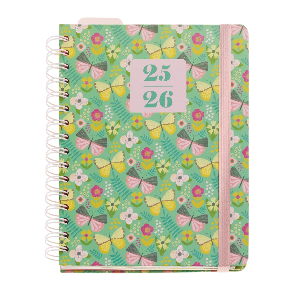 [MR26938] Agenda 2025 2026 Semana Vista, 12 meses de Septiembre 25 a Agosto 26, Wire-O, Multilingüe, Cierre con Goma, Pegatinas, Tamaño similar a A5 (170 × 218 mm), Butterfly Garden Miquelrius