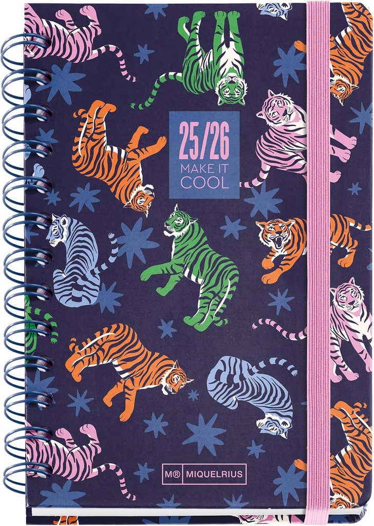 [MR26850] Agenda Escolar 25-26, Planificador de Septiembre 2025 a Agosto 2026, Tamaño 123 x 178 mm, Semana Vista, Doble Espiral, Pegatinas, Tapa de Cartón Forrado, Cierre con Goma, Español-Inglés Miquelrius