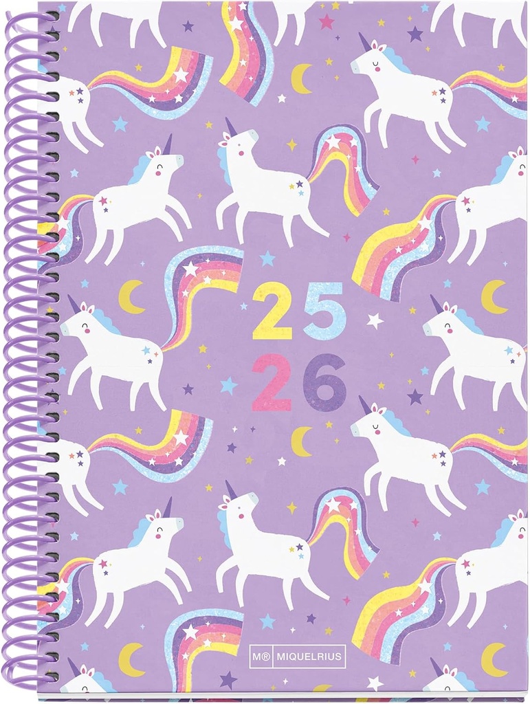 [MR26886] Agenda Escolar 25-26, Planificador 10 Meses: Septiembre 2025 a Junio 2026, Espiral de plásico, Tamaño 150 x 213 mm, Semana Vista, Vuelta al cole con estilo y diversión, Español-Inglés Miquelrius