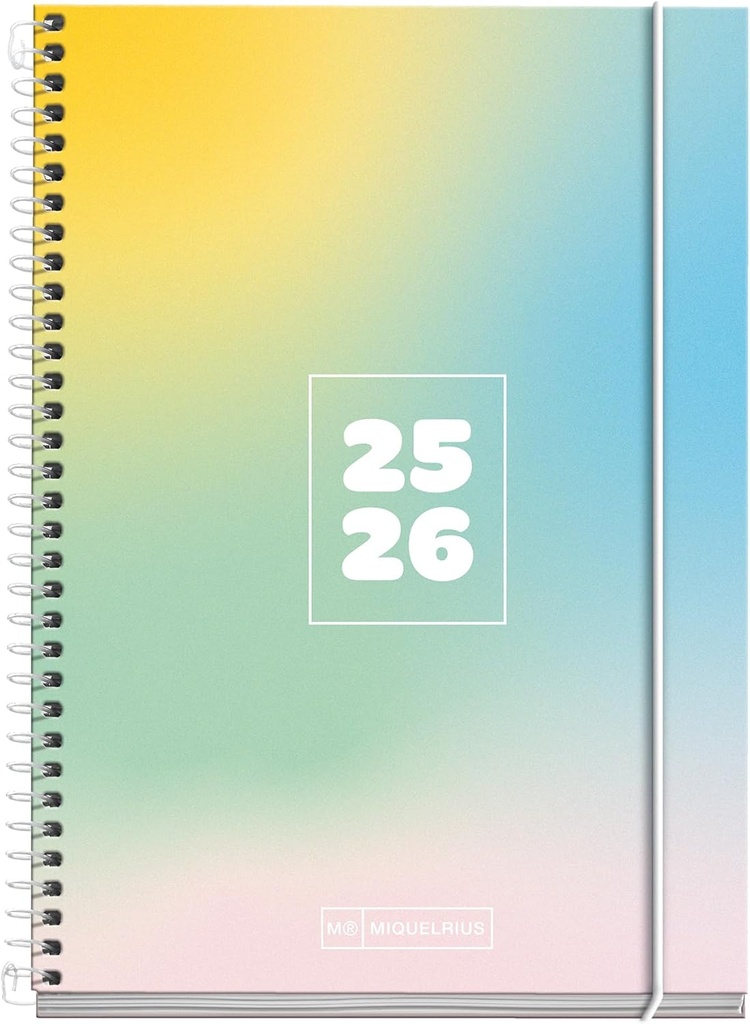 [MR26825] Agenda Escolar 25-26, Planificación 10 meses: de Septiembre 2025 a Junio 2026, Tamaño 117 x 174 mm, Día Página, Cubierta de Cartón Forrado, Espiral Metálico Blanco, Español-Inglés Miquelrius